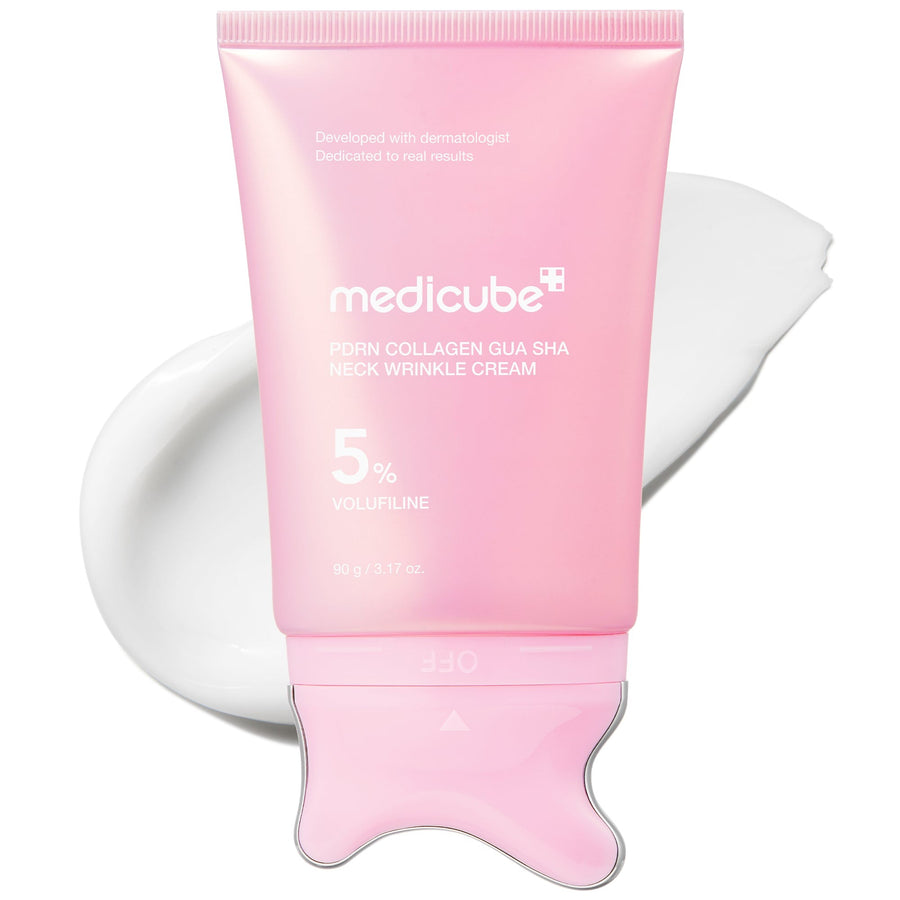 Medicube PDRN Collagen Gua Sha Neck Wrinkle Cream, rosa tub med gua sha-huvud framifrån
