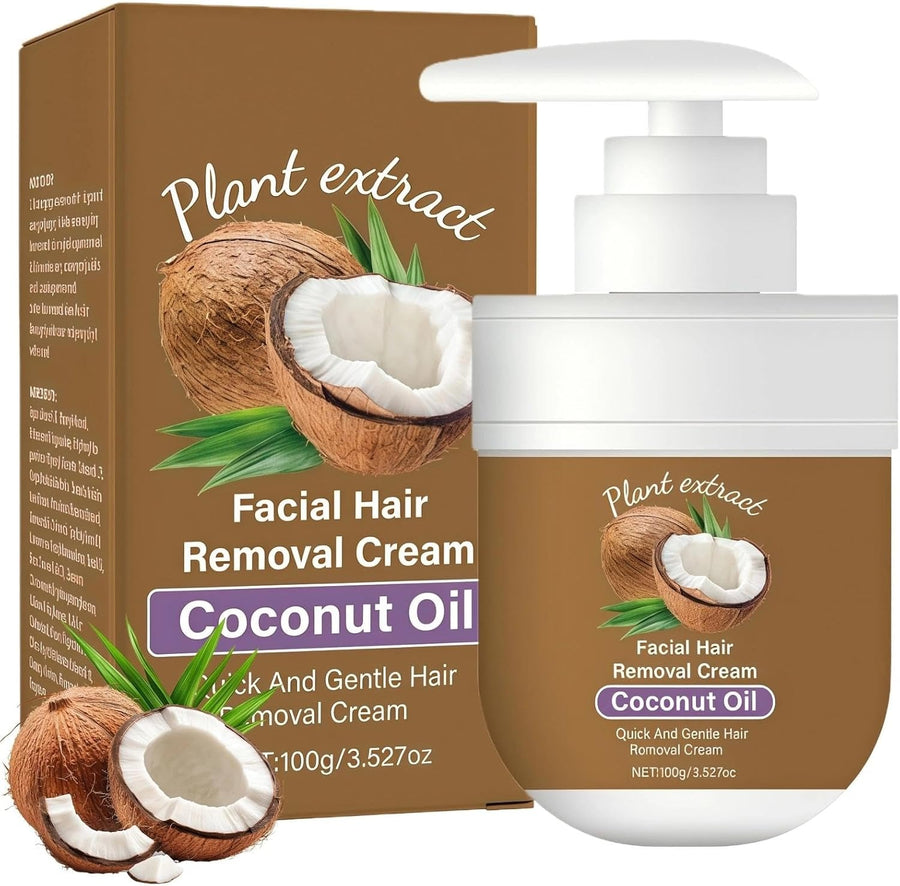 Facial Hair Removal Cream Coconut Oil, pumpflaska 100 g med kartong och kokosnöt