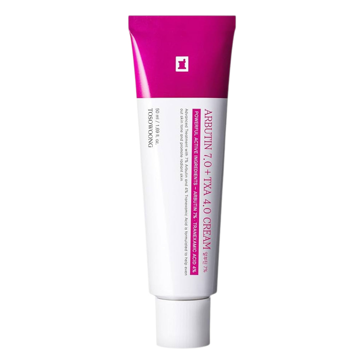 TOSOWOONG Arbutin 7.0 + TXA 4.0 Cream 50 ml, hvid og magenta tube set forfra