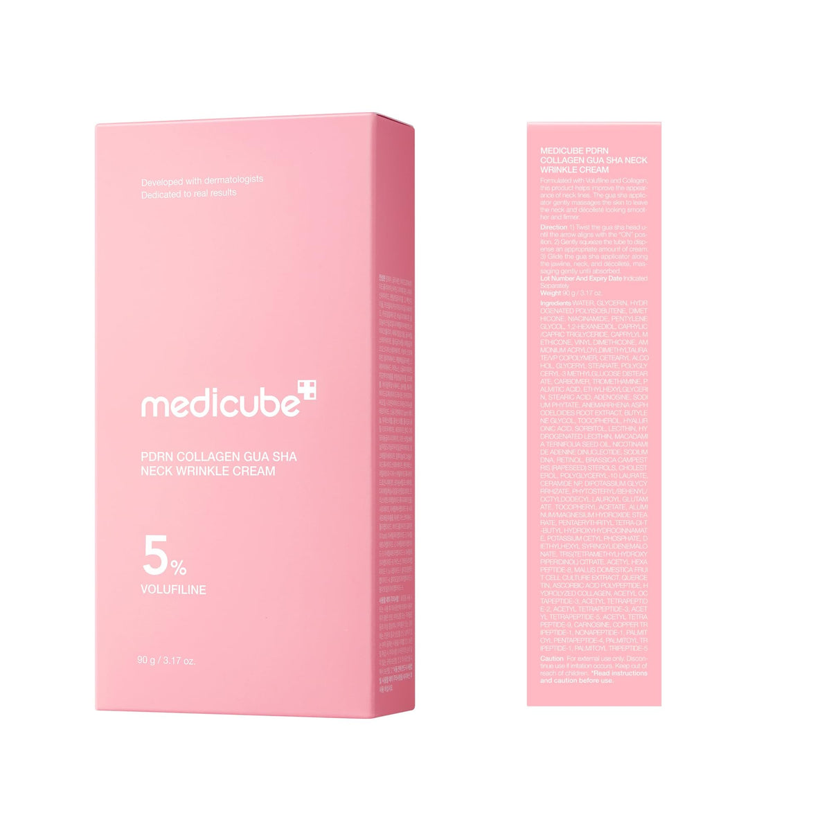 Medicube PDRN Collagen Gua Sha Neck Wrinkle Cream i lyserød emballage, set forfra og fra siden