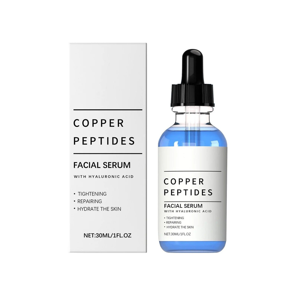 Serum med kobberpeptider, flaske og æske