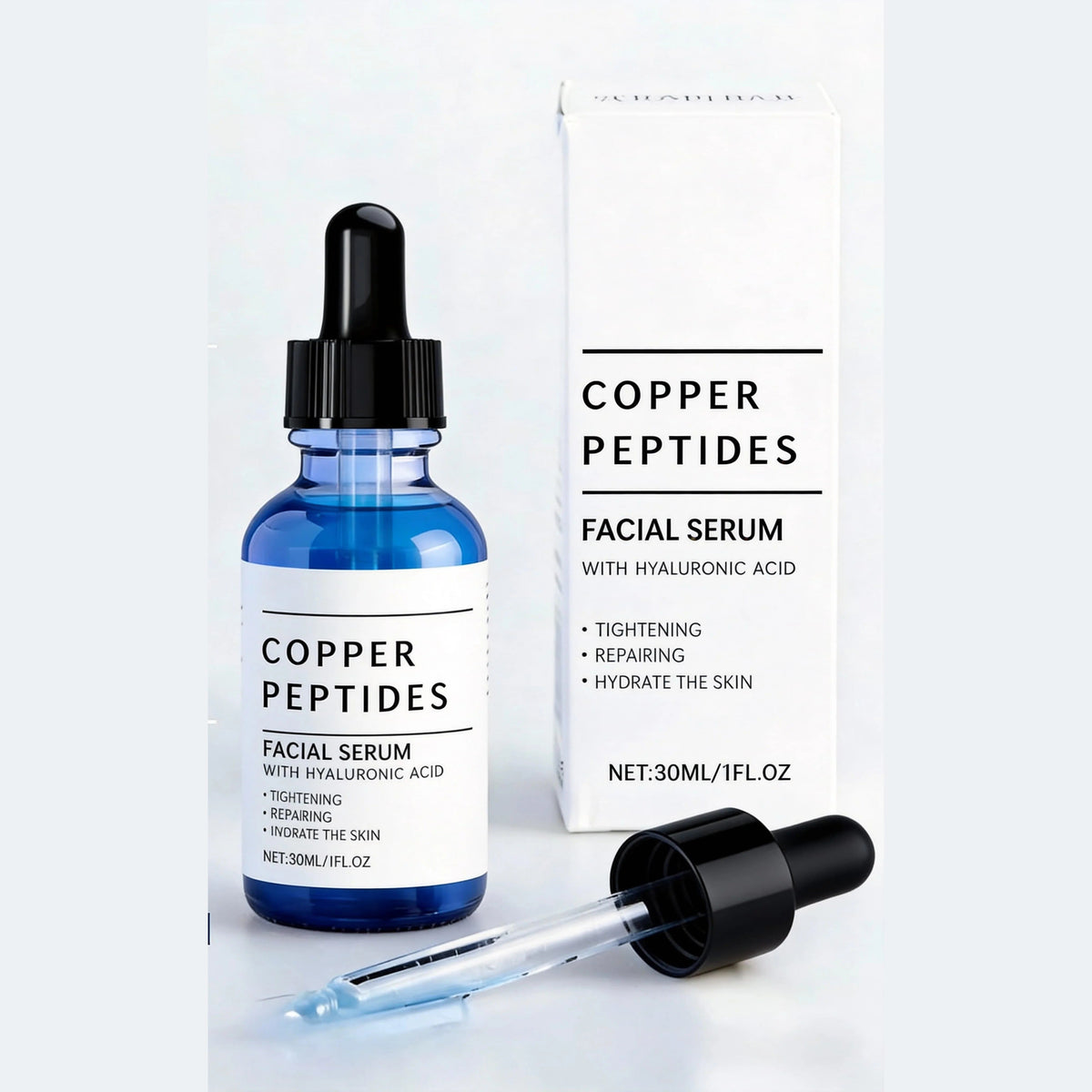 Flaske, æske og pipette med serum med kobberpeptider