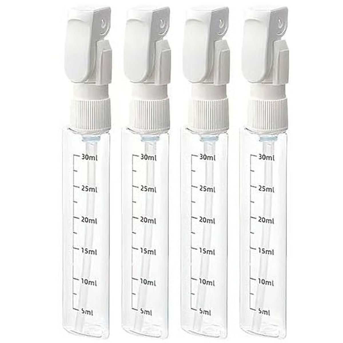 Fire tomme 30 ml-flasker med måleskala og pumpe