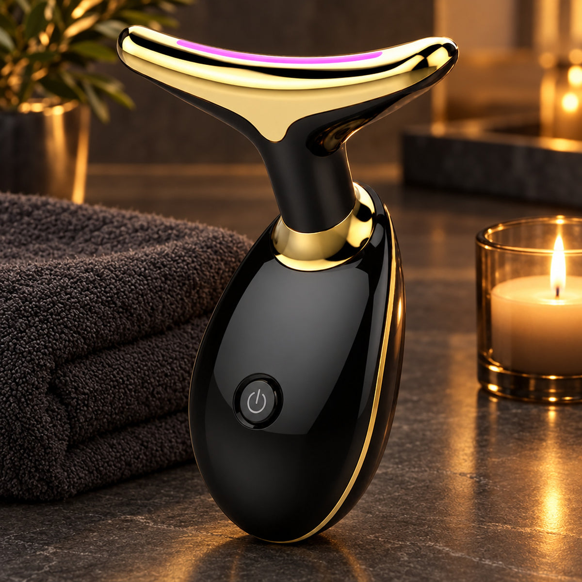 Svart massageapparat vid mörk handduk och ljus