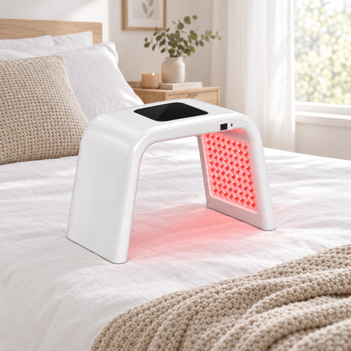 LED-apparat på en bäddad säng med vitt linne och stickad pläd