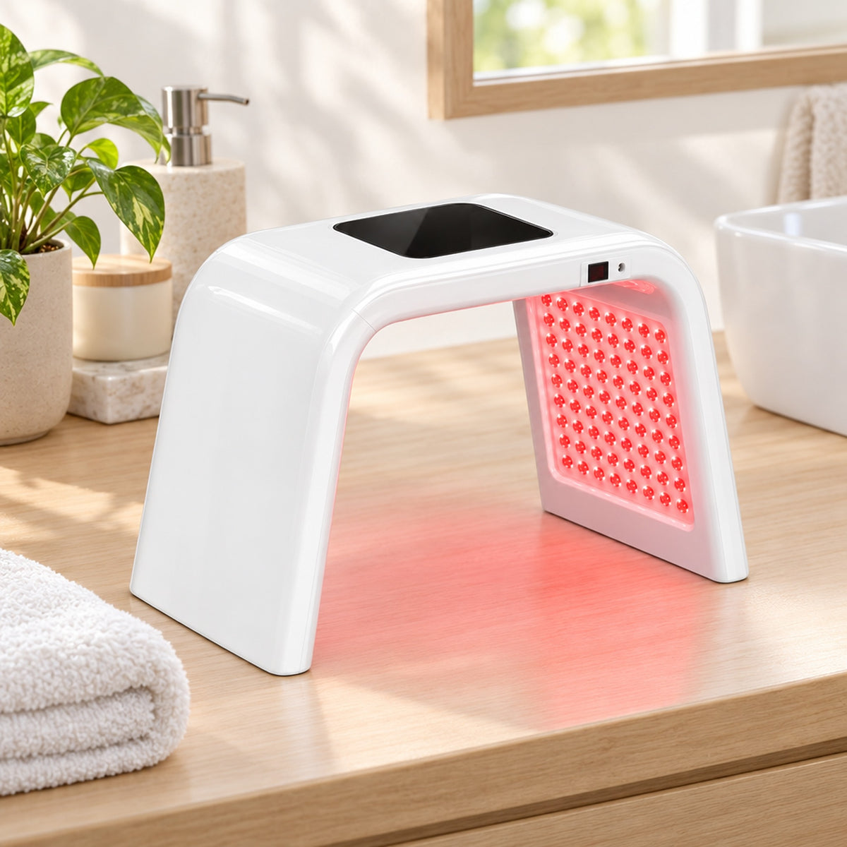 LED-apparat på badrumsbänk bredvid handduk och krukväxt