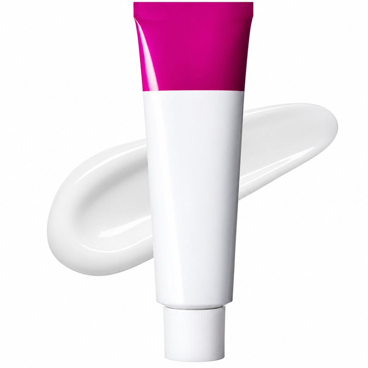 Vit och magenta kräm-tub med en bred kräm-strimma bakom