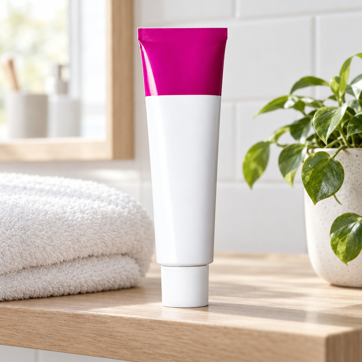Tub på badrumshylla bredvid handduk och krukväxt