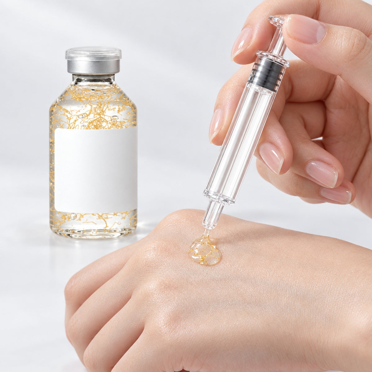 Serumdroppe appliceras på handryggen med applikator