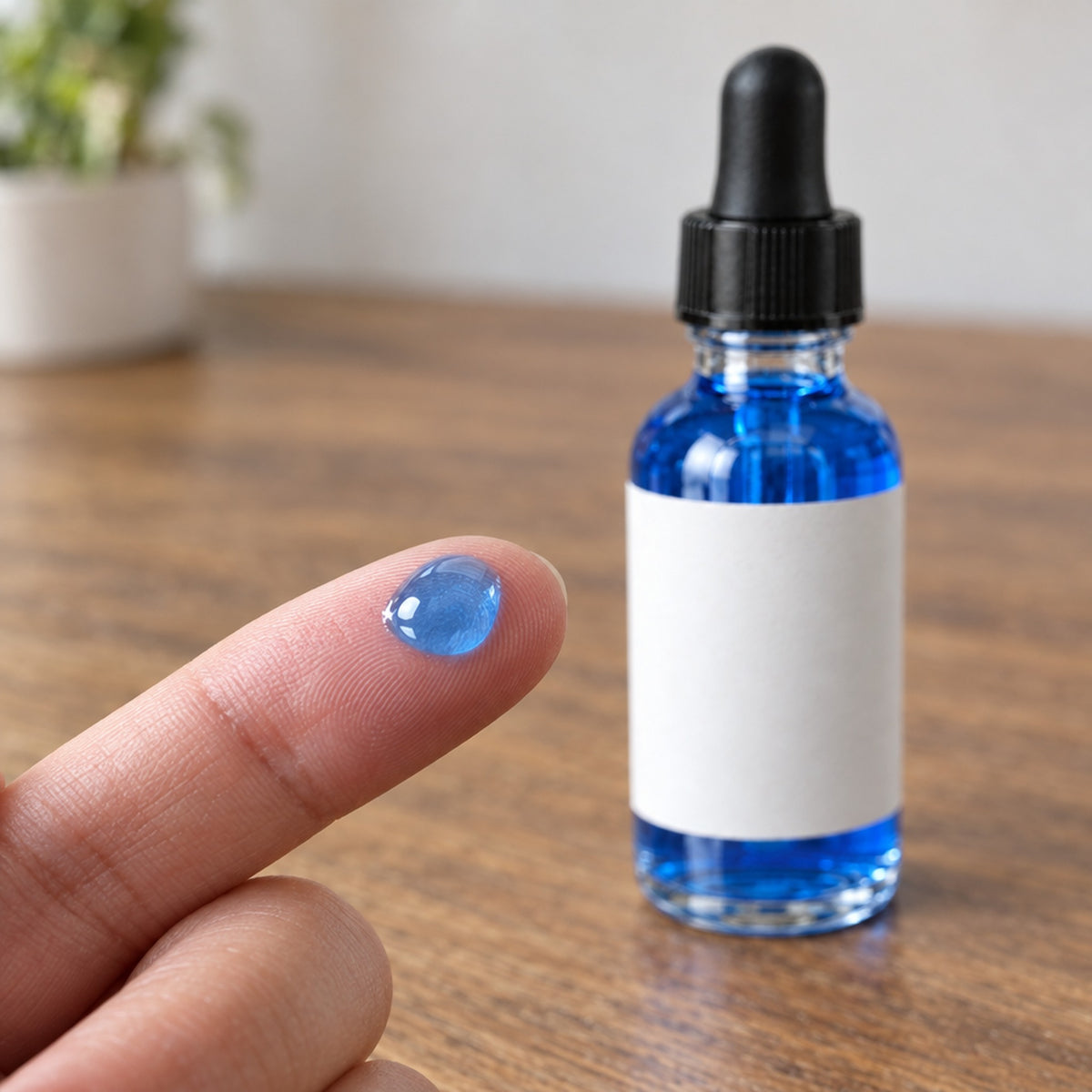 Fingertopp med en blå serumdroppe och flaska i bakgrunden