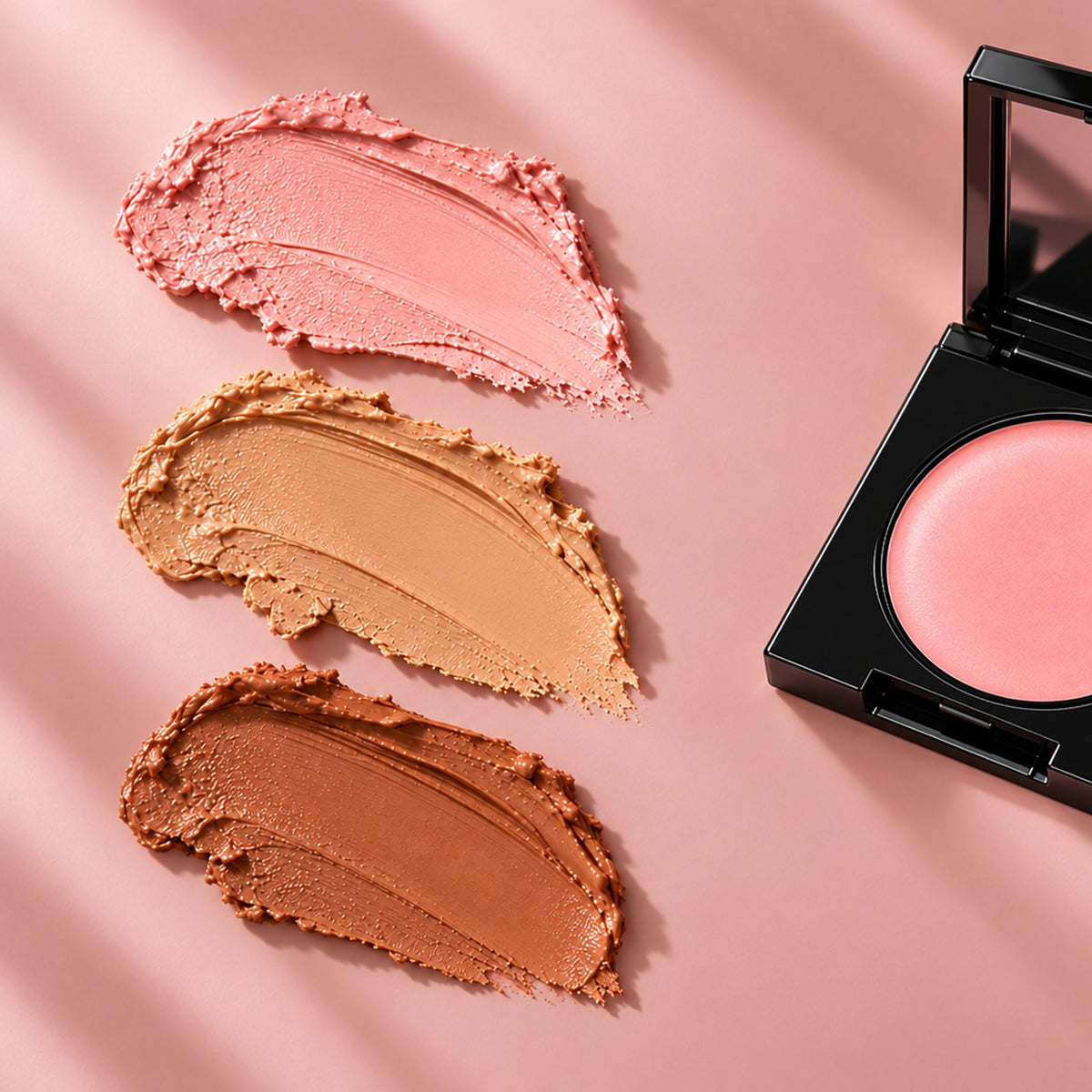 Tre färgprov i rosa, beige och brunt bredvid svart kompakt