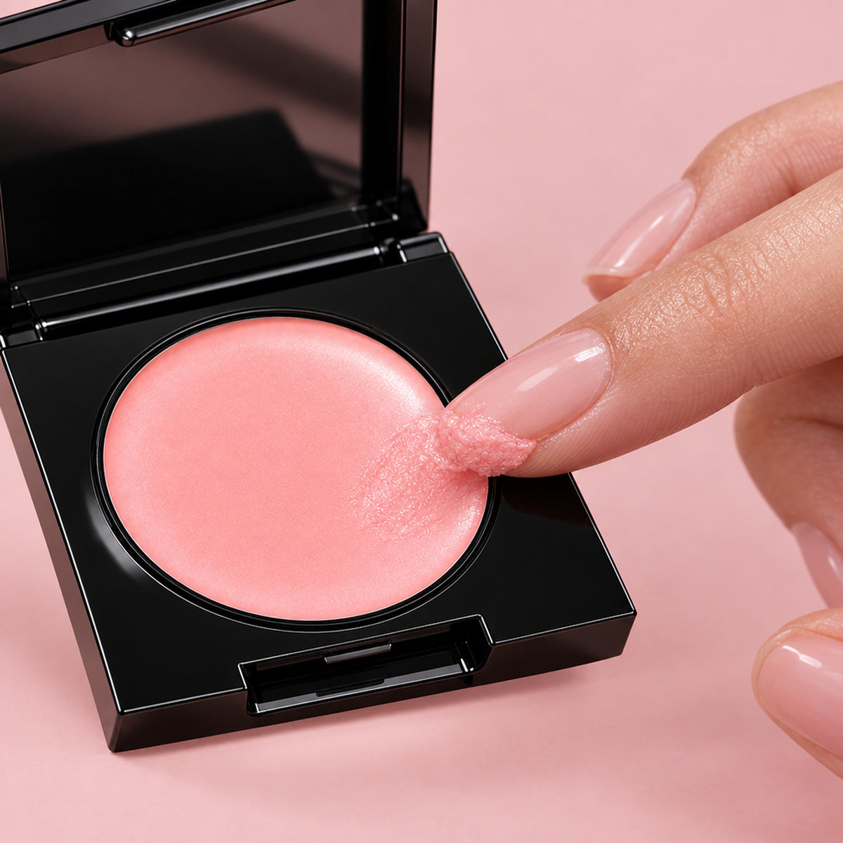 Fingertopp tar upp rosa concealerkräm ur kompakten
