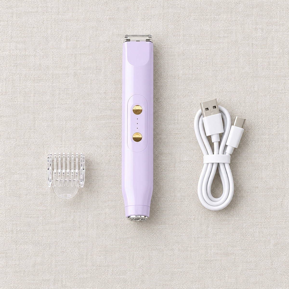 Lila rakapparat med kamtillsats och USB-kabel