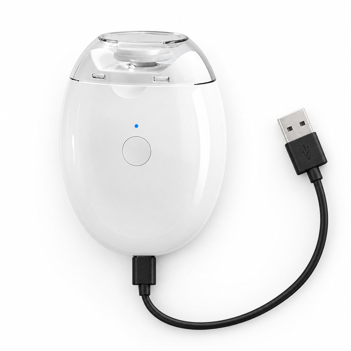 Nagelklippare med svart USB-laddkabel sedd uppifrån