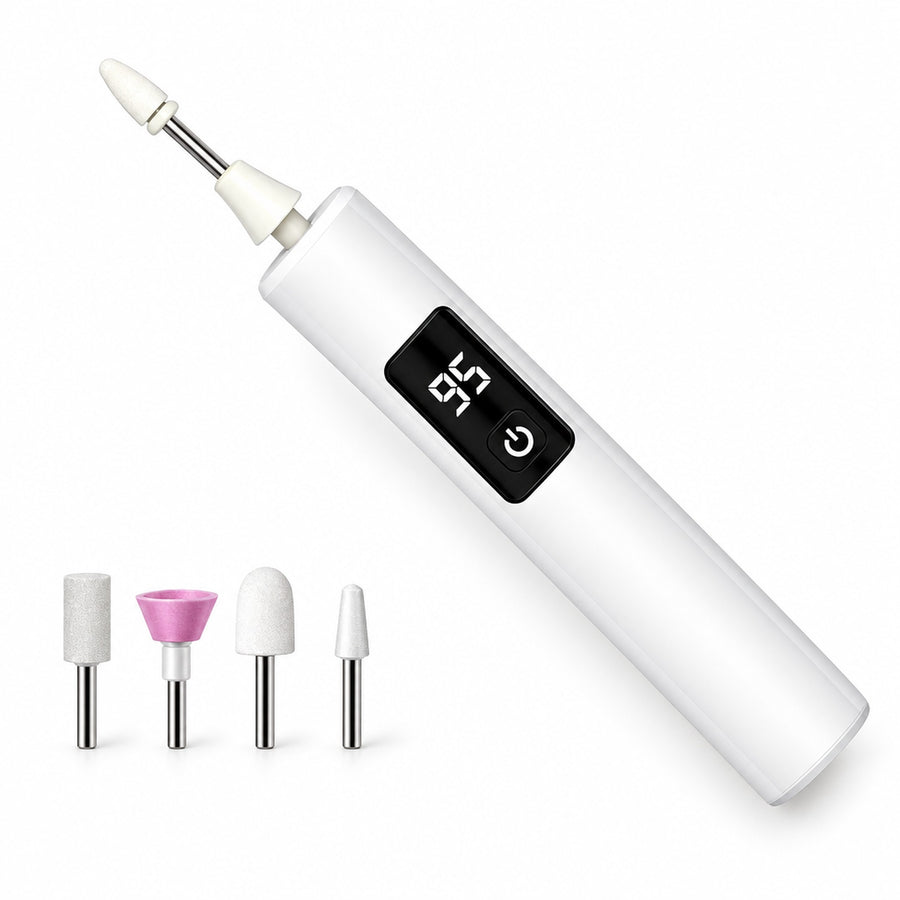 Vit elektrisk nagelslip med digital display och slipbits