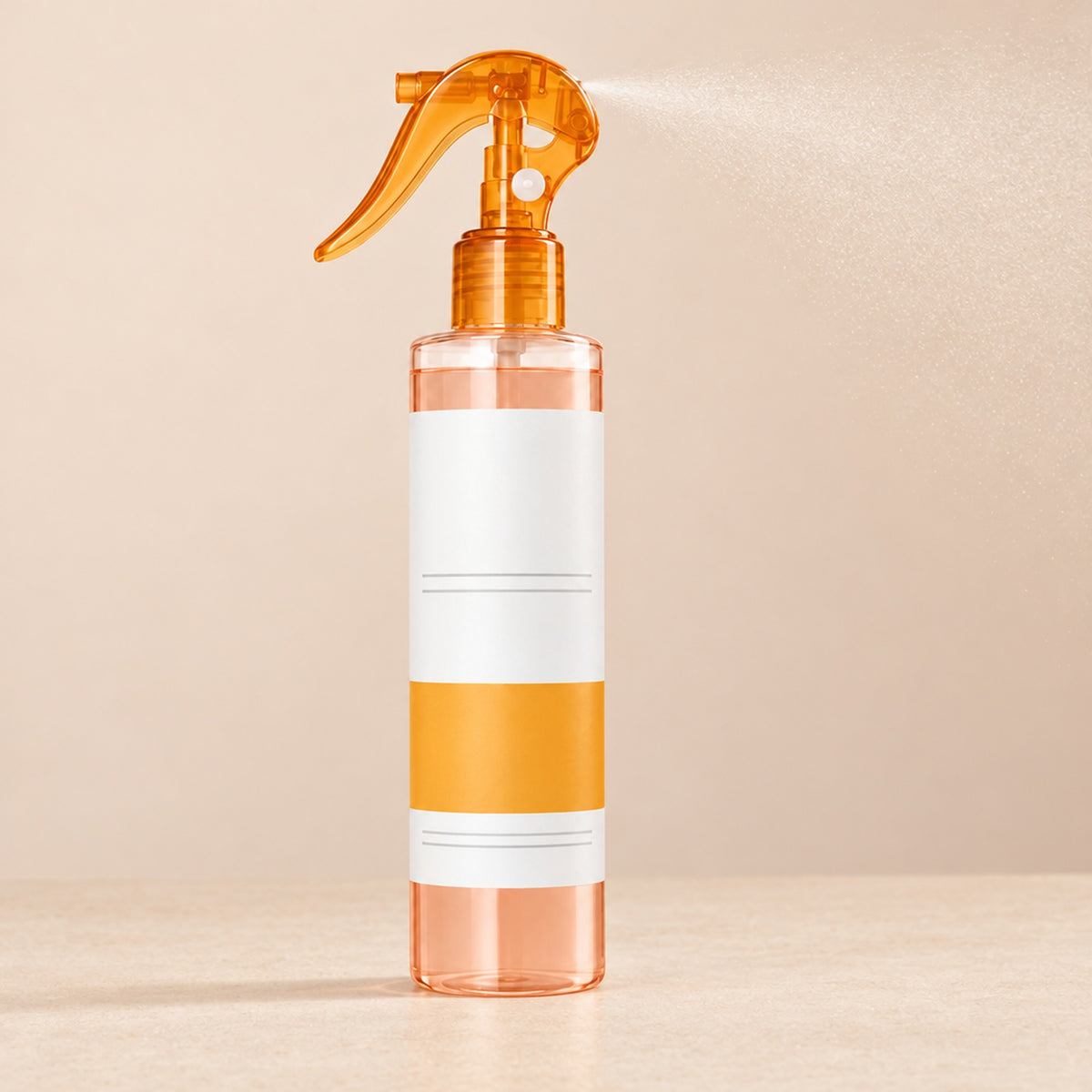 Sprayflaska som sprider fin dimma mot beige bakgrund