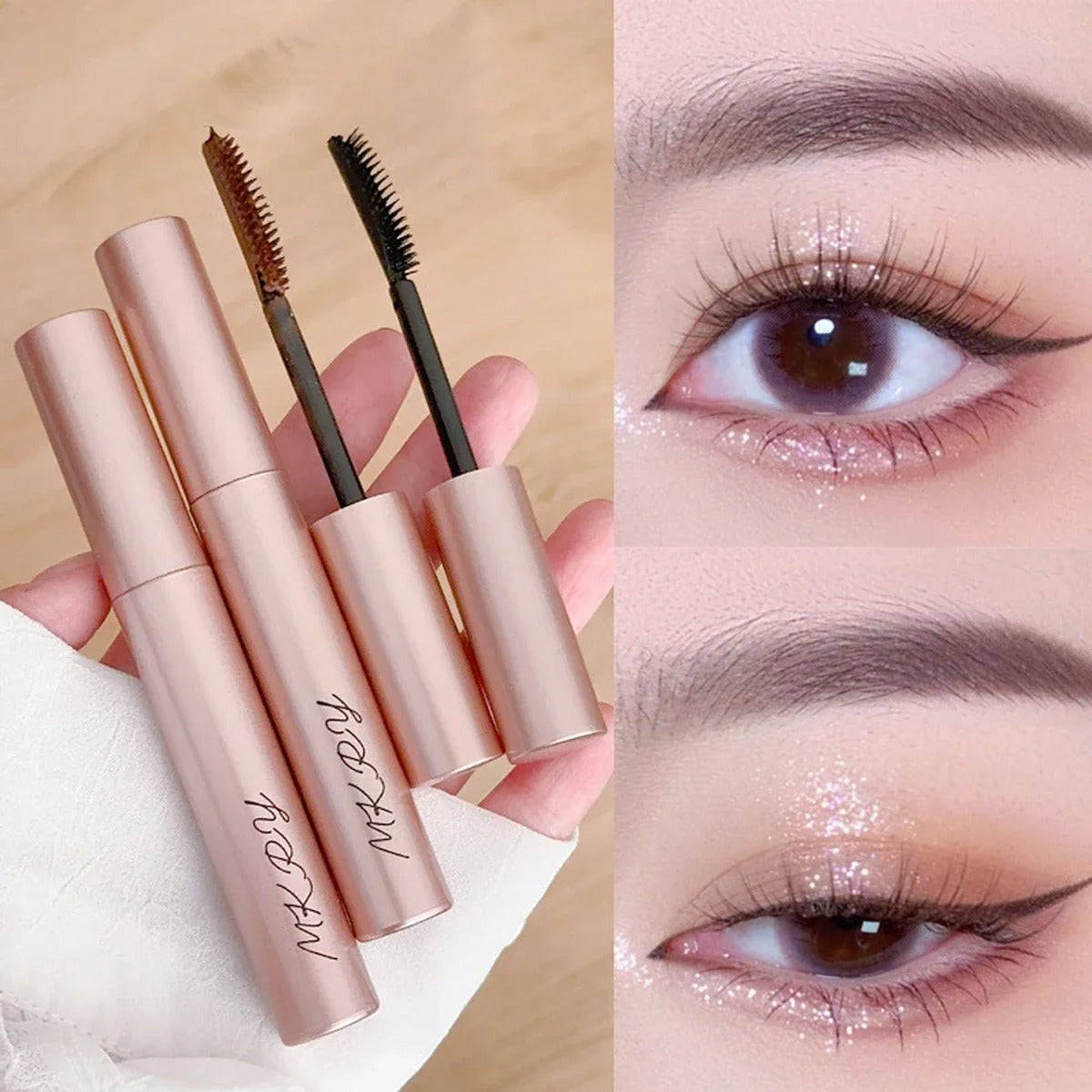 Hand håller svart och brun mascara