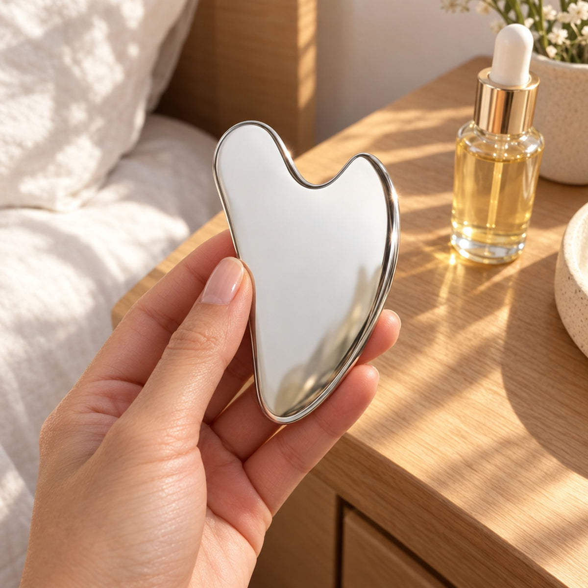 Hand håller gua sha-verktyg vid sängbord med serum