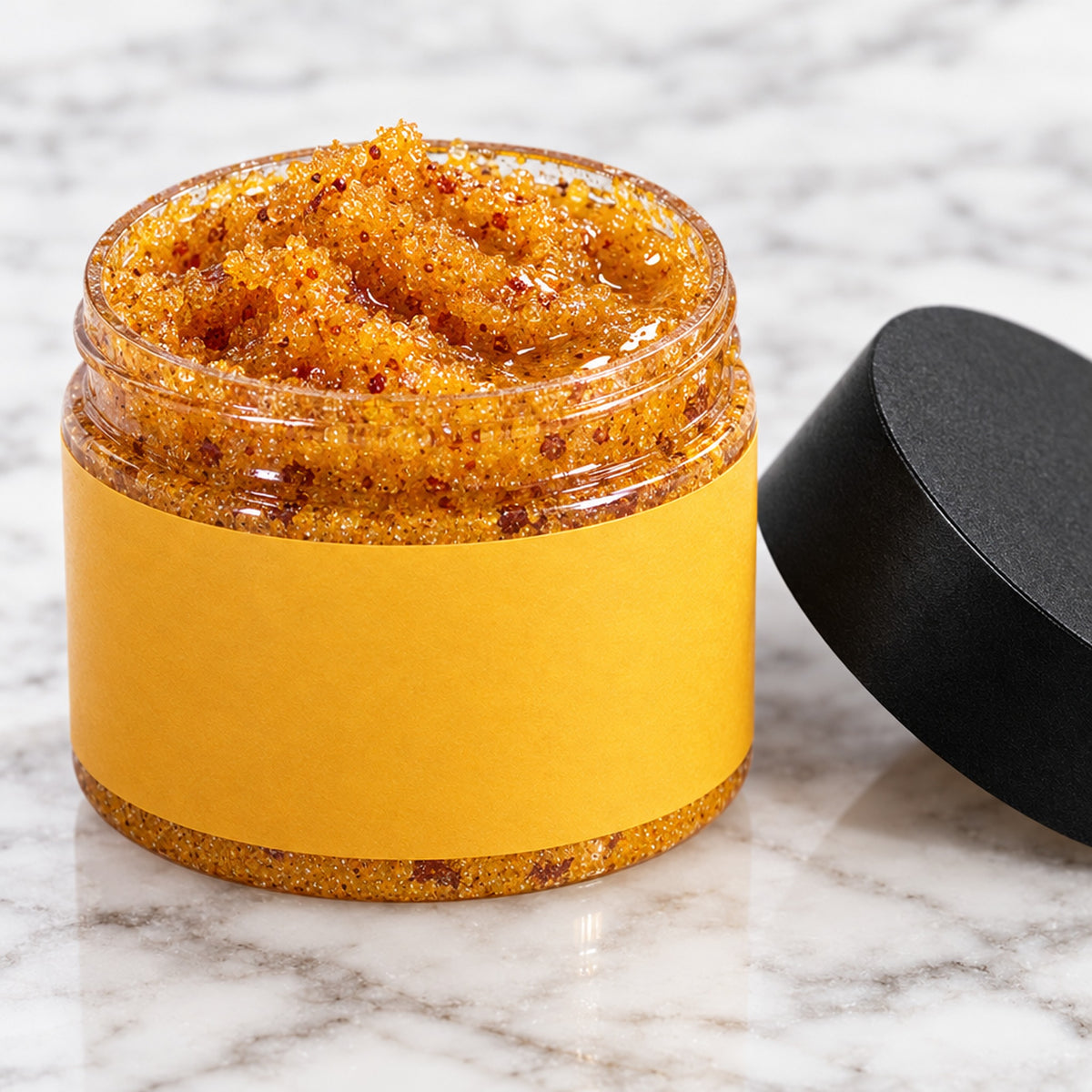 Öppen burk med orange skrubb och lock bredvid