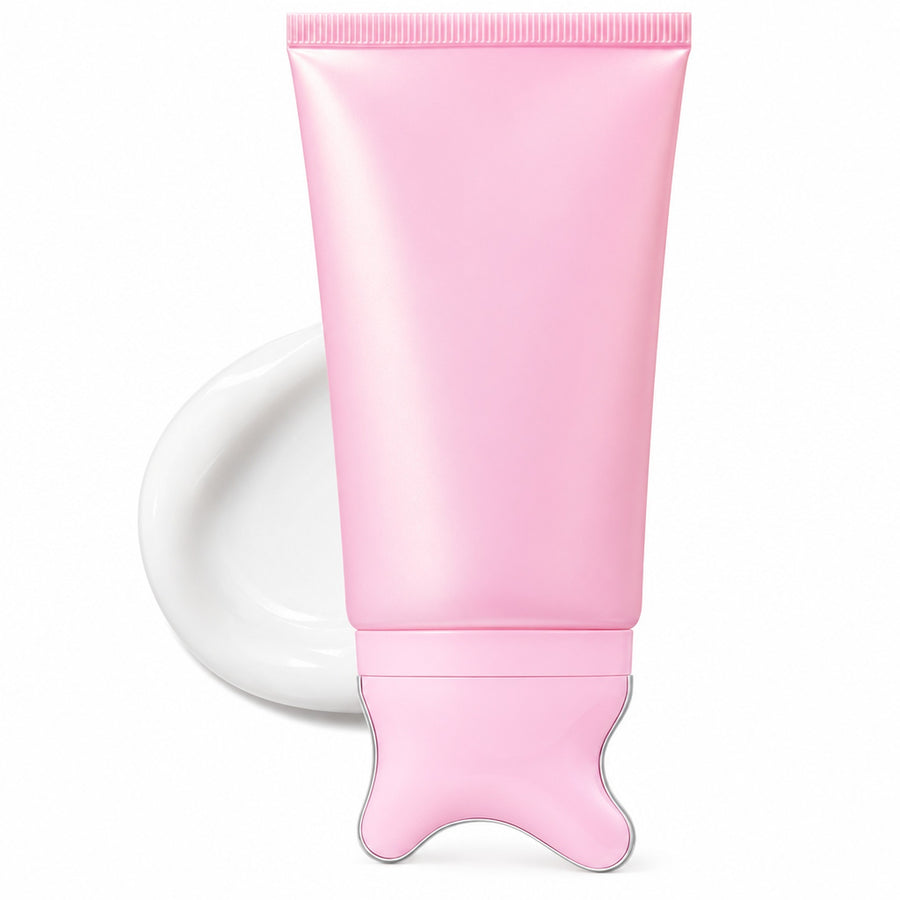 Rosa halskräm i tub med gua sha-huvud mot vit bakgrund