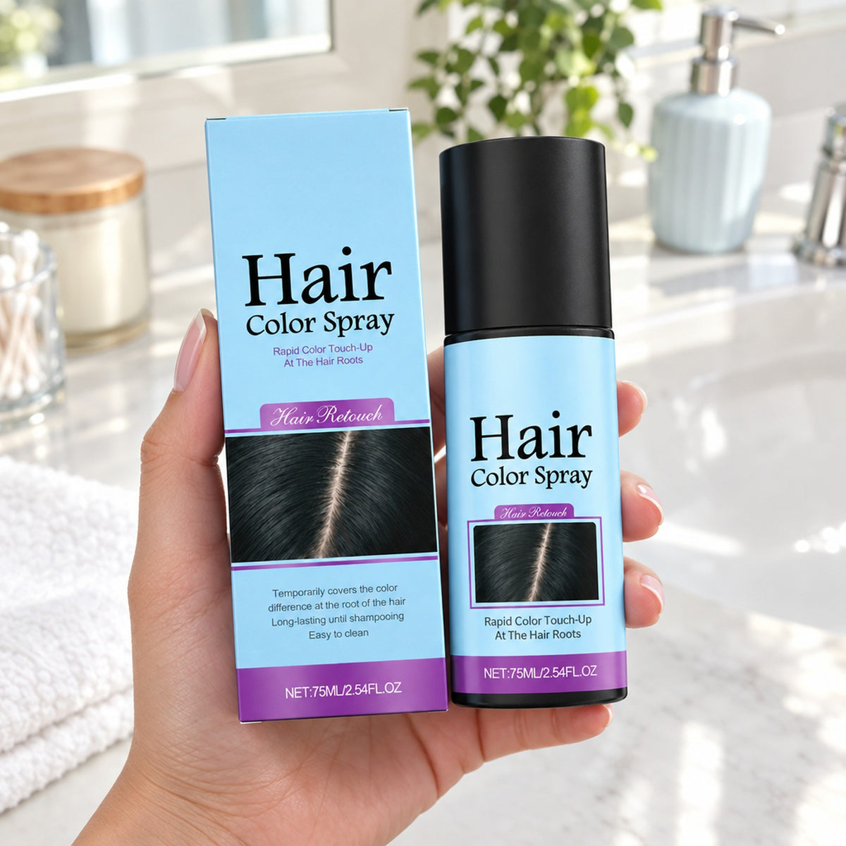 Hand håller hårfärgsspray och kartong i badrum