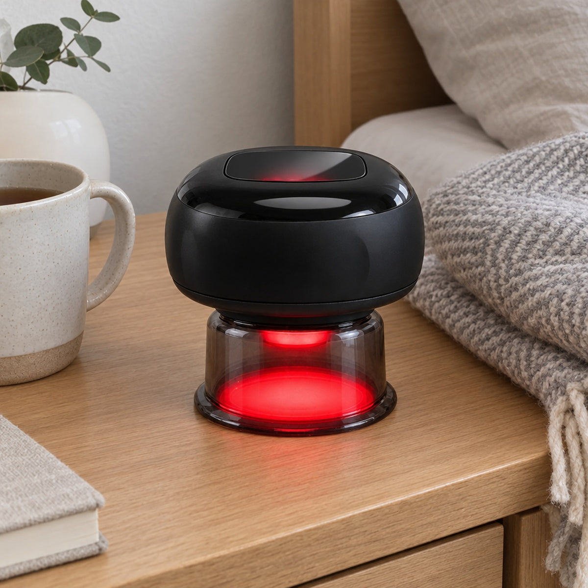 Koppningsmassage på nattduksbord bredvid kopp och pläd