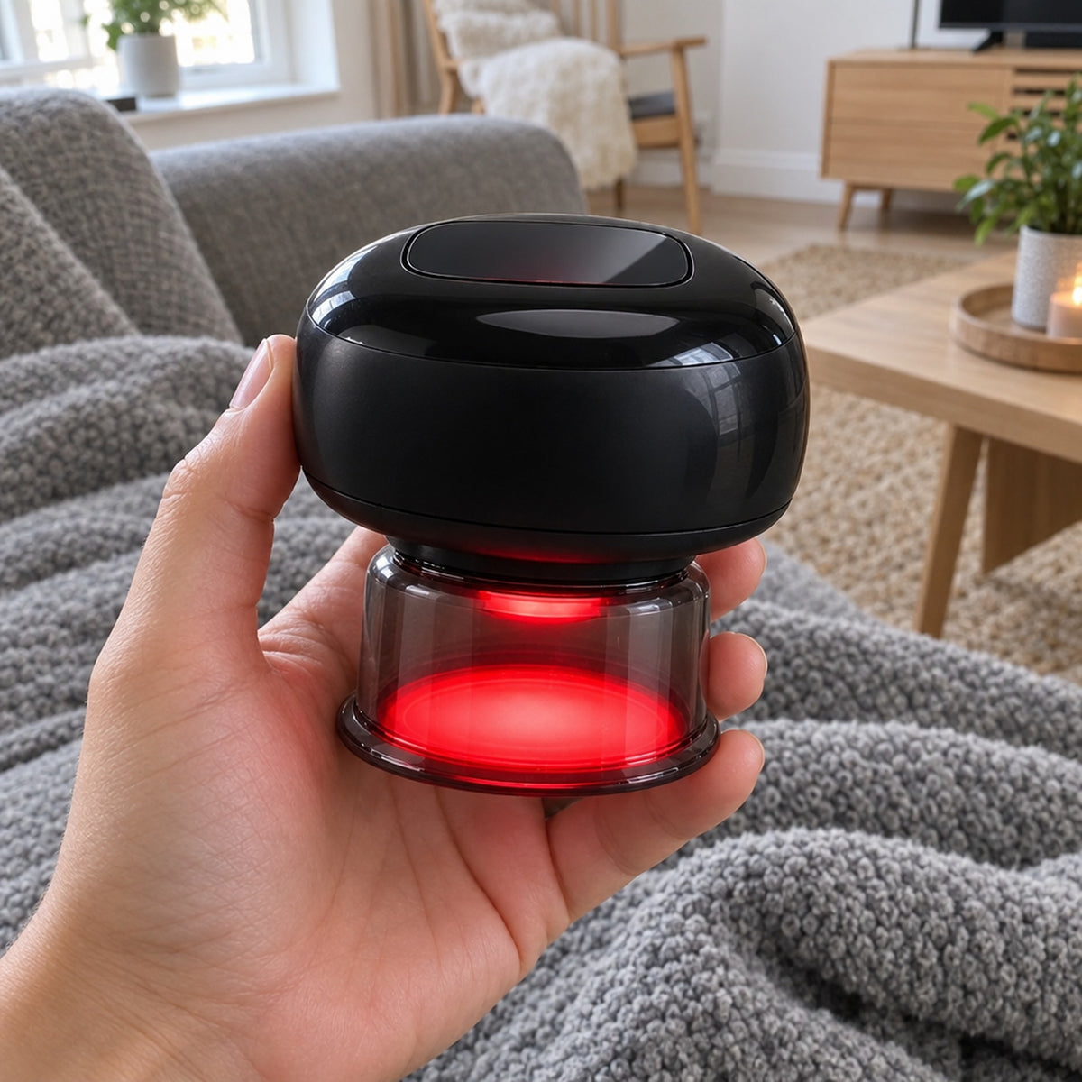 Hand håller koppningsmassage framför soffa med filt