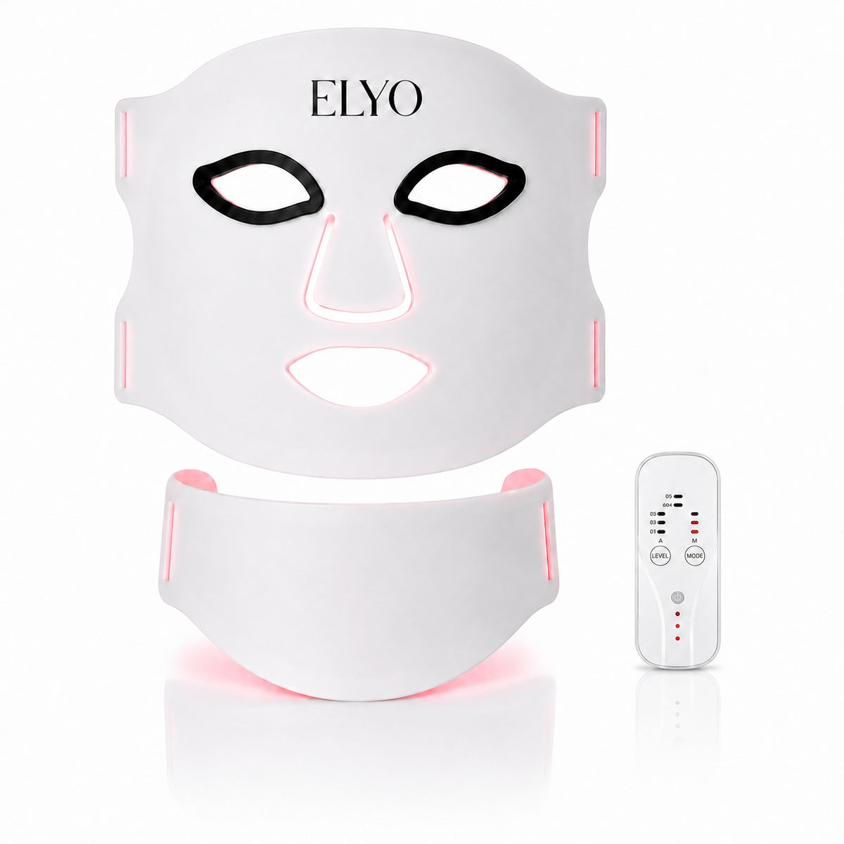 LED-mask, halsdel och fjärrkontroll sedda framifrån