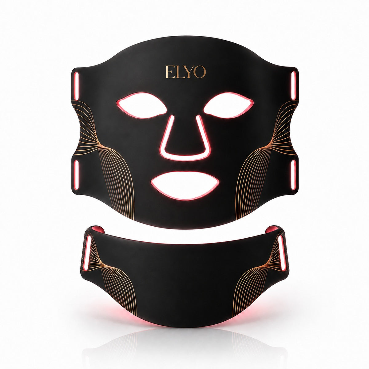 Svart LED-mask med gulddetaljer och halsdel