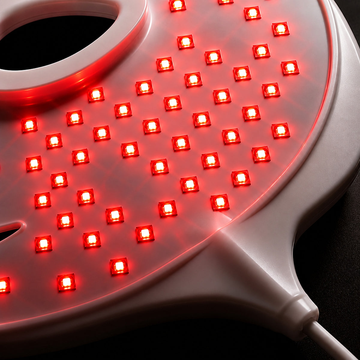 Närbild på LED-pärlor med rött ljus inuti masken
