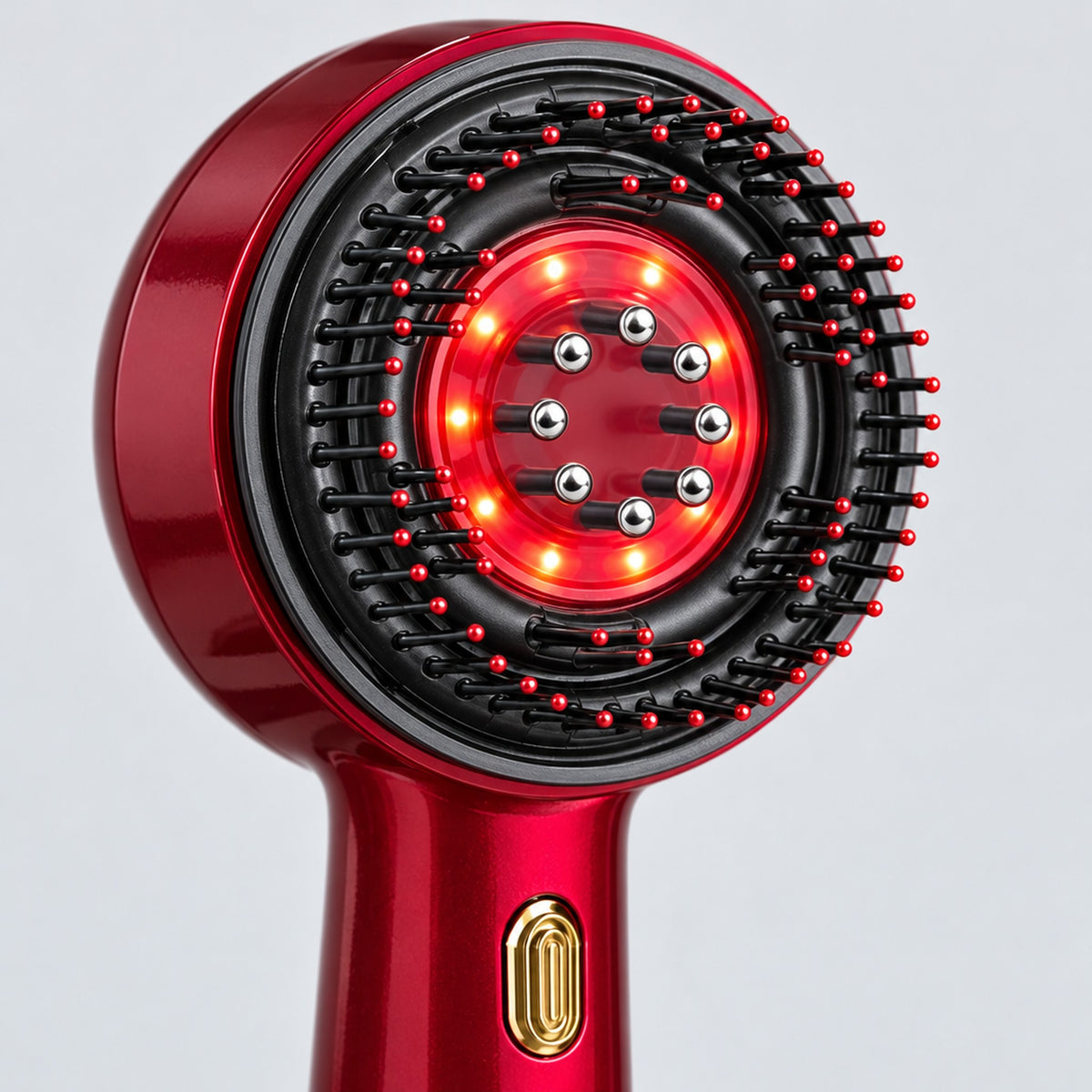 Närbild på borsthuvud med röda LED-punkter och massagekulor