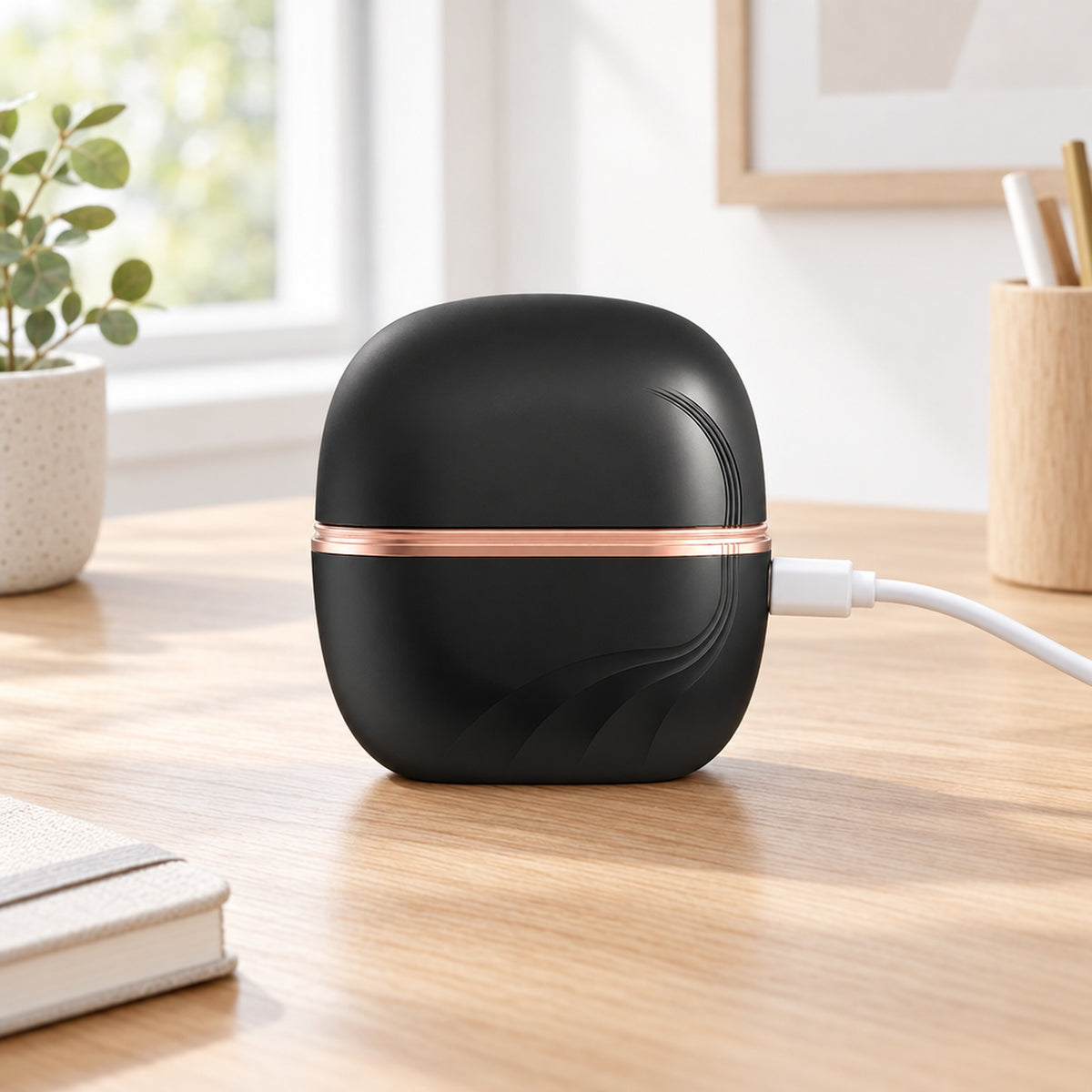 Svart hårrätarborste laddas med USB-C-kabel på träbord