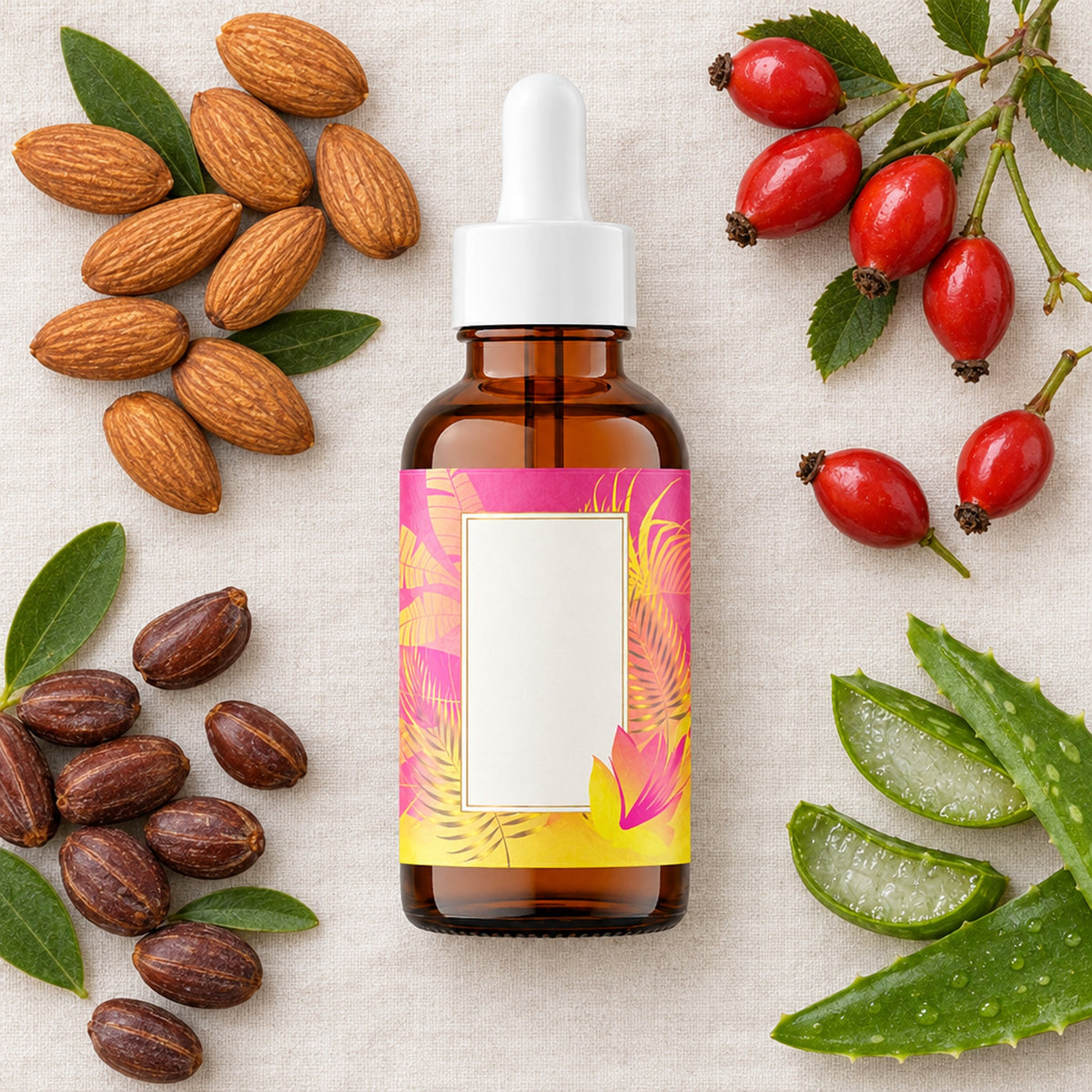 Flaska omgiven av mandel, jojoba, nypon och aloe
