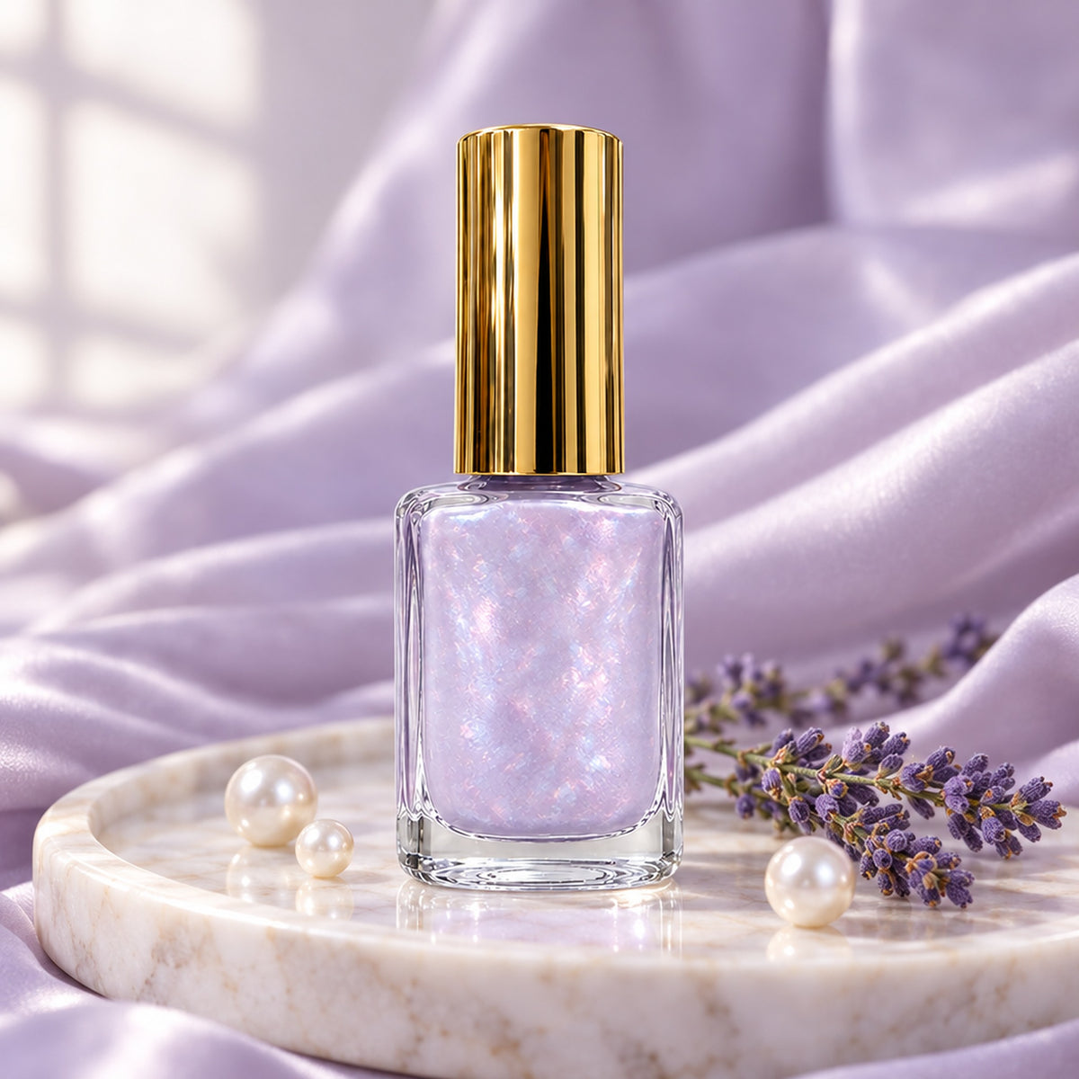 Lila nagellack på marmorbricka med pärlor och lavendel