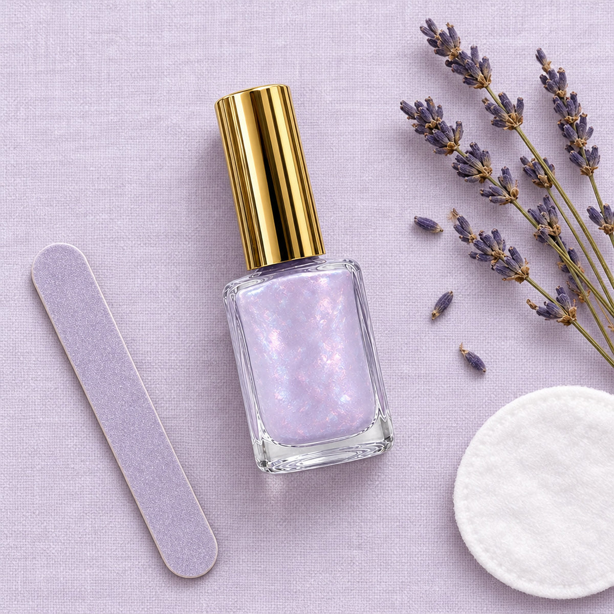 Nagellack med nagelfil, bomullsrondell och lavendel uppifrån