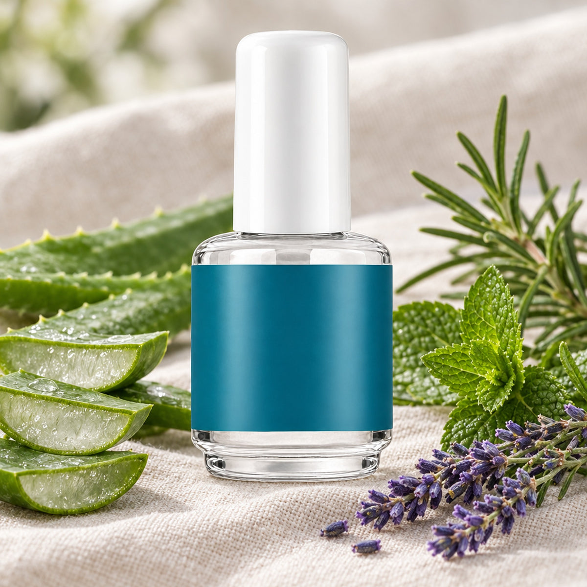 Flaska bland aloe vera, lavendel, mynta och rosmarin