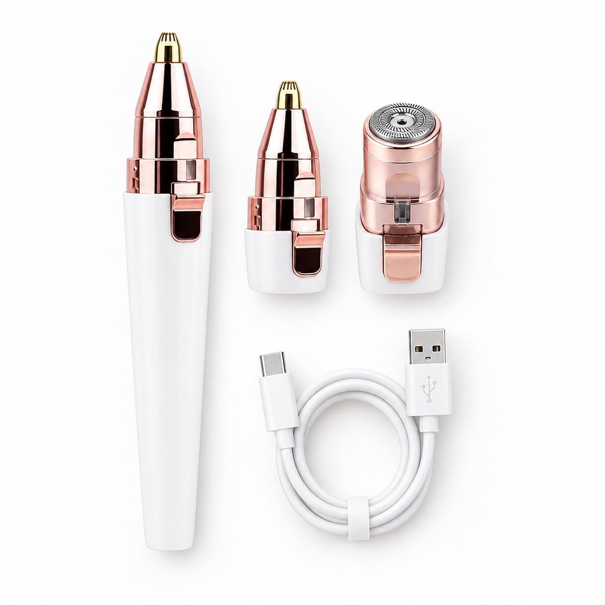 Trimmer, två utbytbara huvuden och USB-kabel