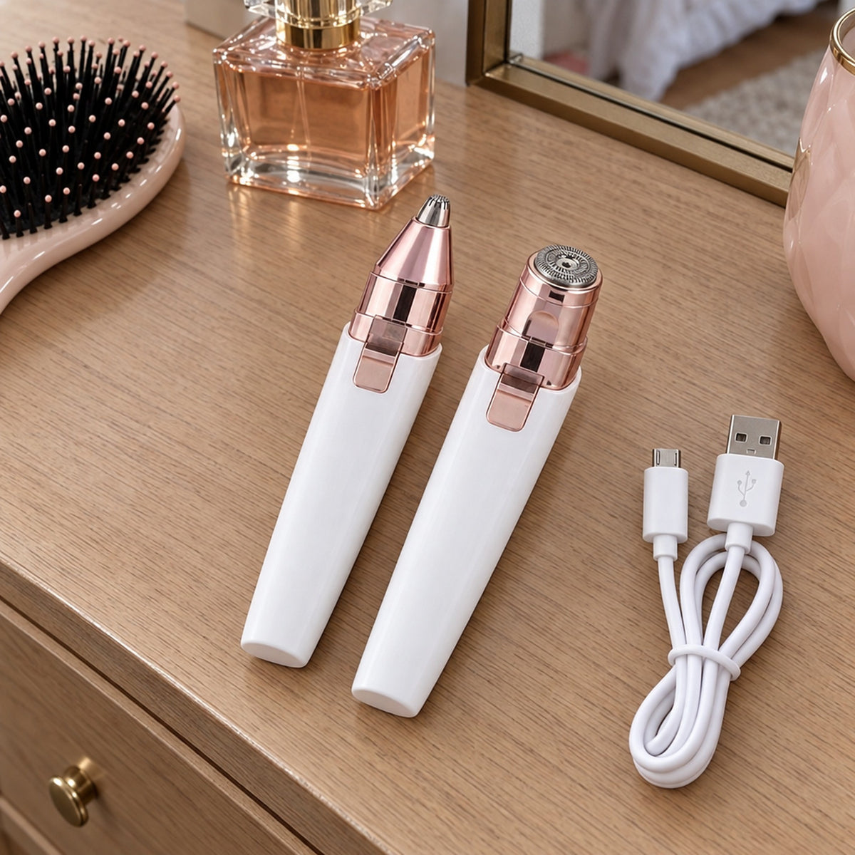 Trimmern och USB-kabel på byrå vid hårborste