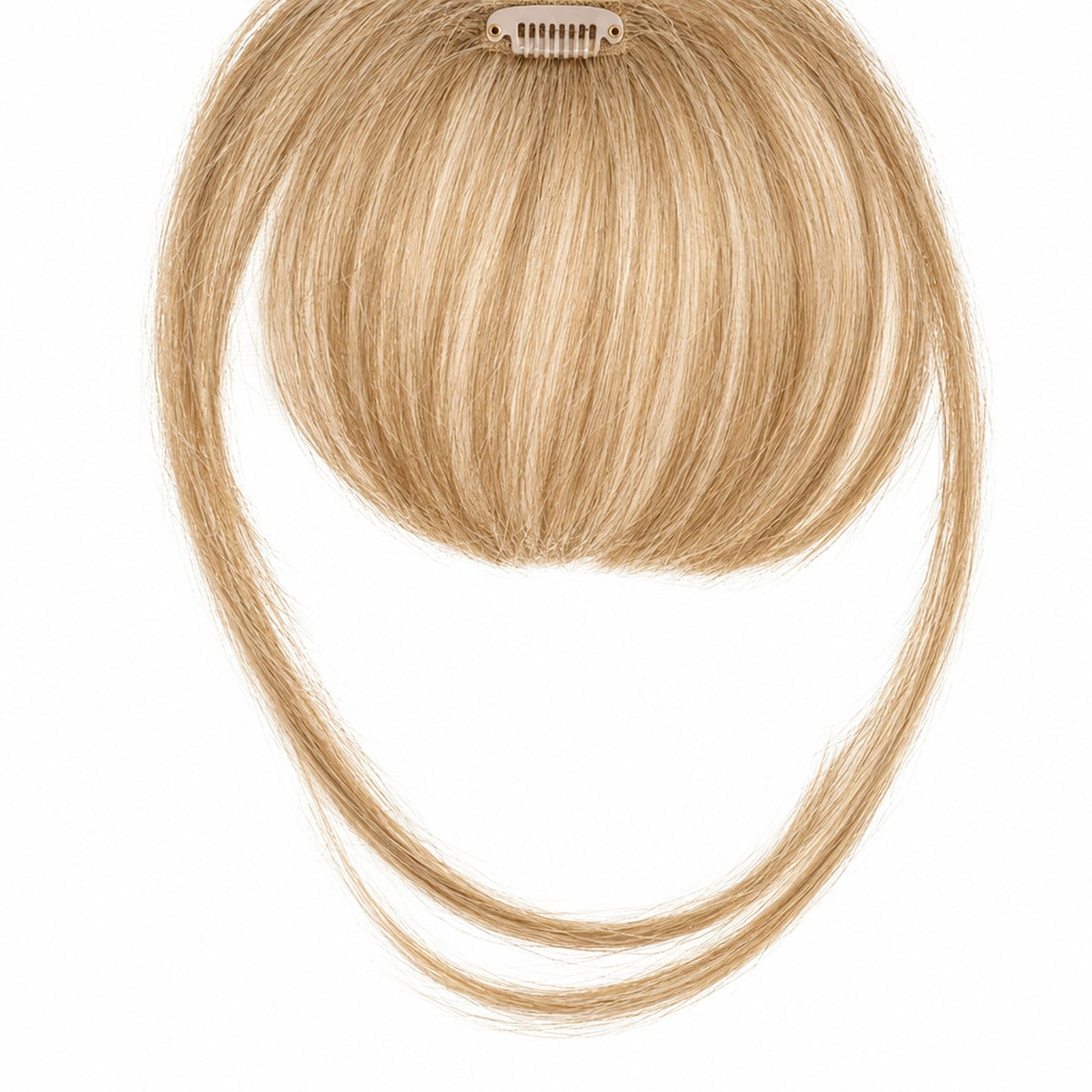 Gyllenblond pannlugg med clips på vit bakgrund