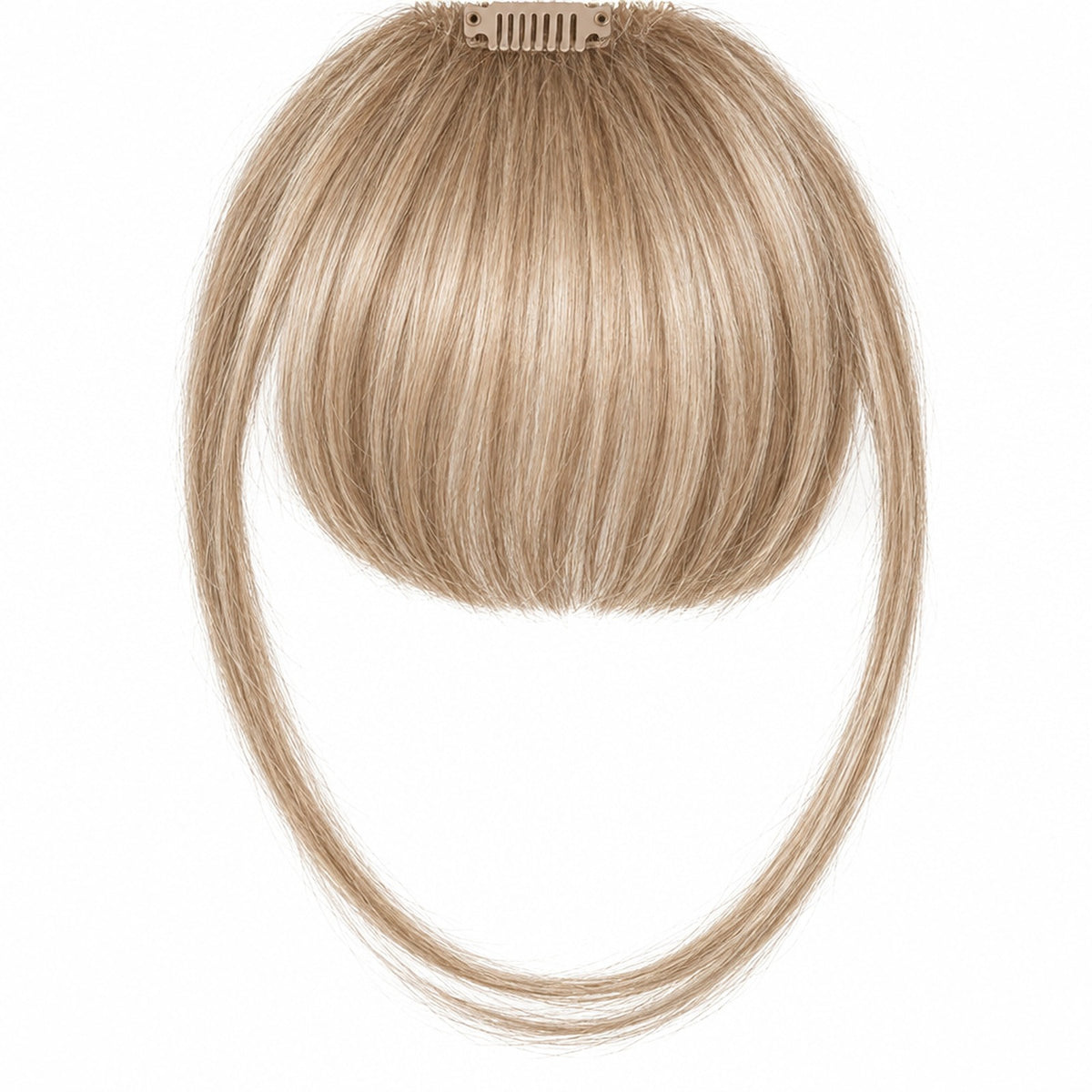 Sandblond pannlugg med clips på vit bakgrund