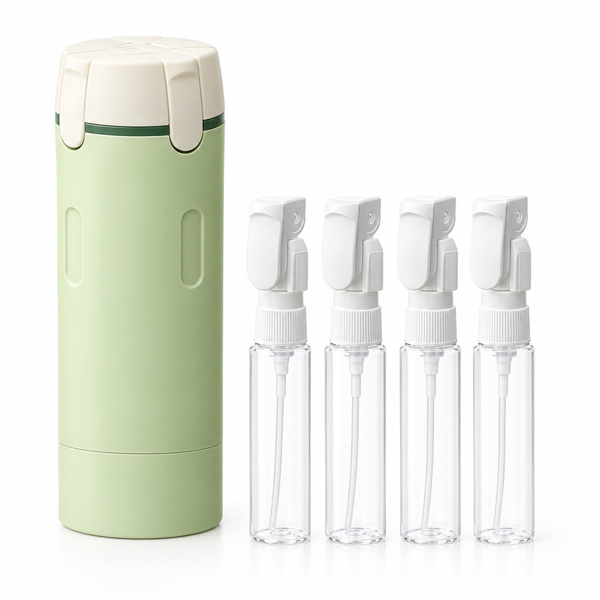 Grönt fodral med fyra genomskinliga 30 ml-flaskor