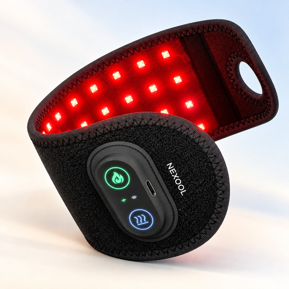 Svart handledsband med röda LED-lampor och kontrollpanel