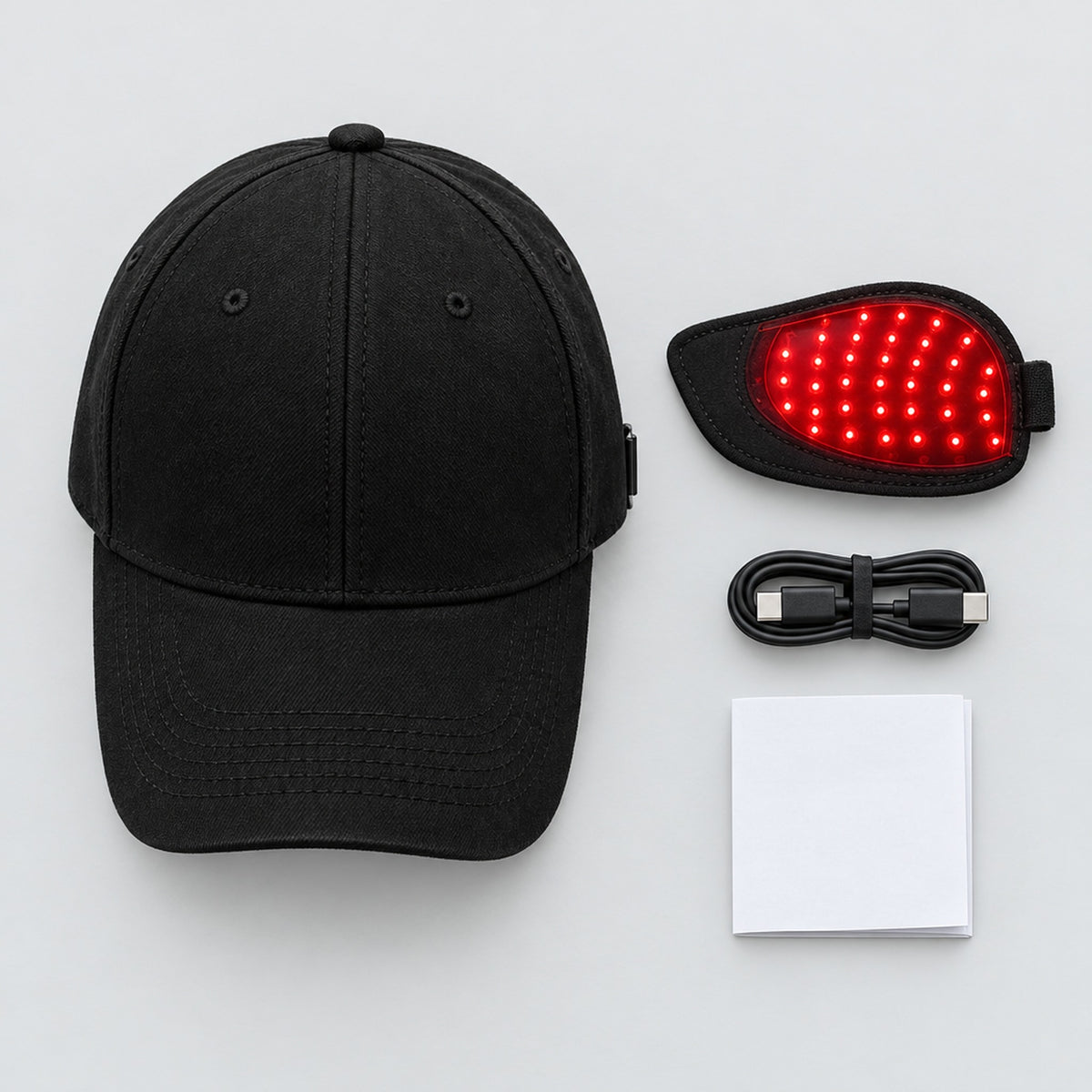 Keps, löstagbar LED-panel, USB-C-kabel och manual