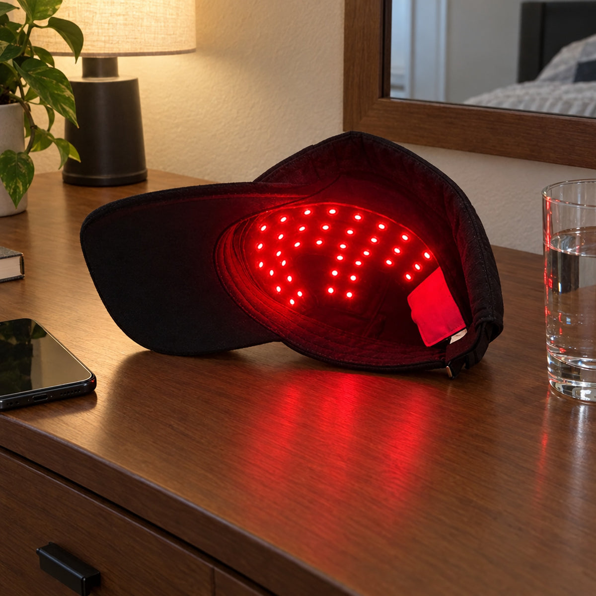 Kepsens röda LED-panel lyser på en kommod