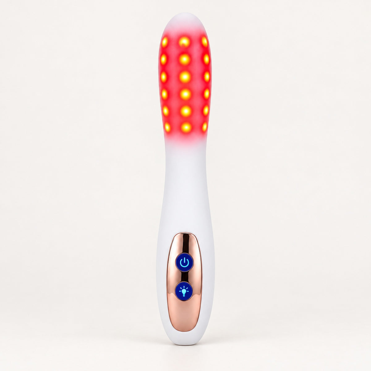 Vit LED-stav med röda lampor och roséguldig kontrollpanel