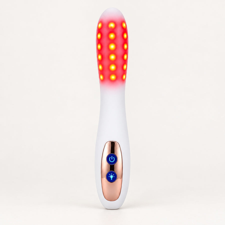 Hvit LED-stav med røde lamper og roségullfarget kontrollpanel