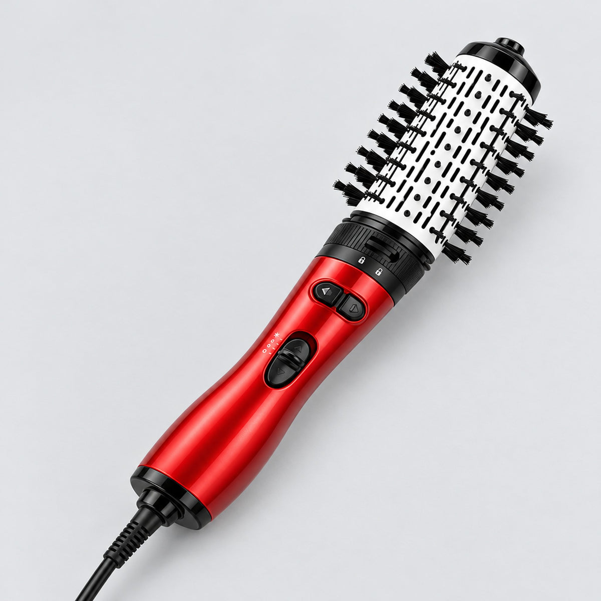 Roterande varmluftsborste sedd snett från handtagssidan