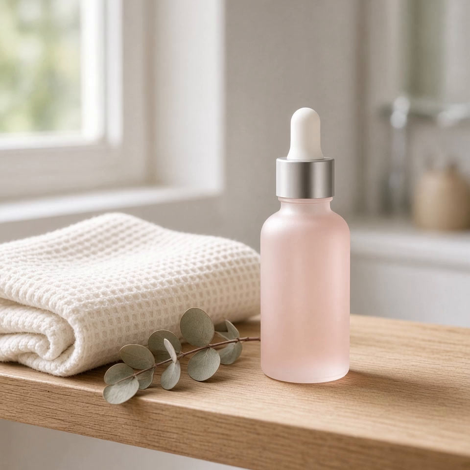 Hydra Glow Ansiktsserum på en hylla i badrummet