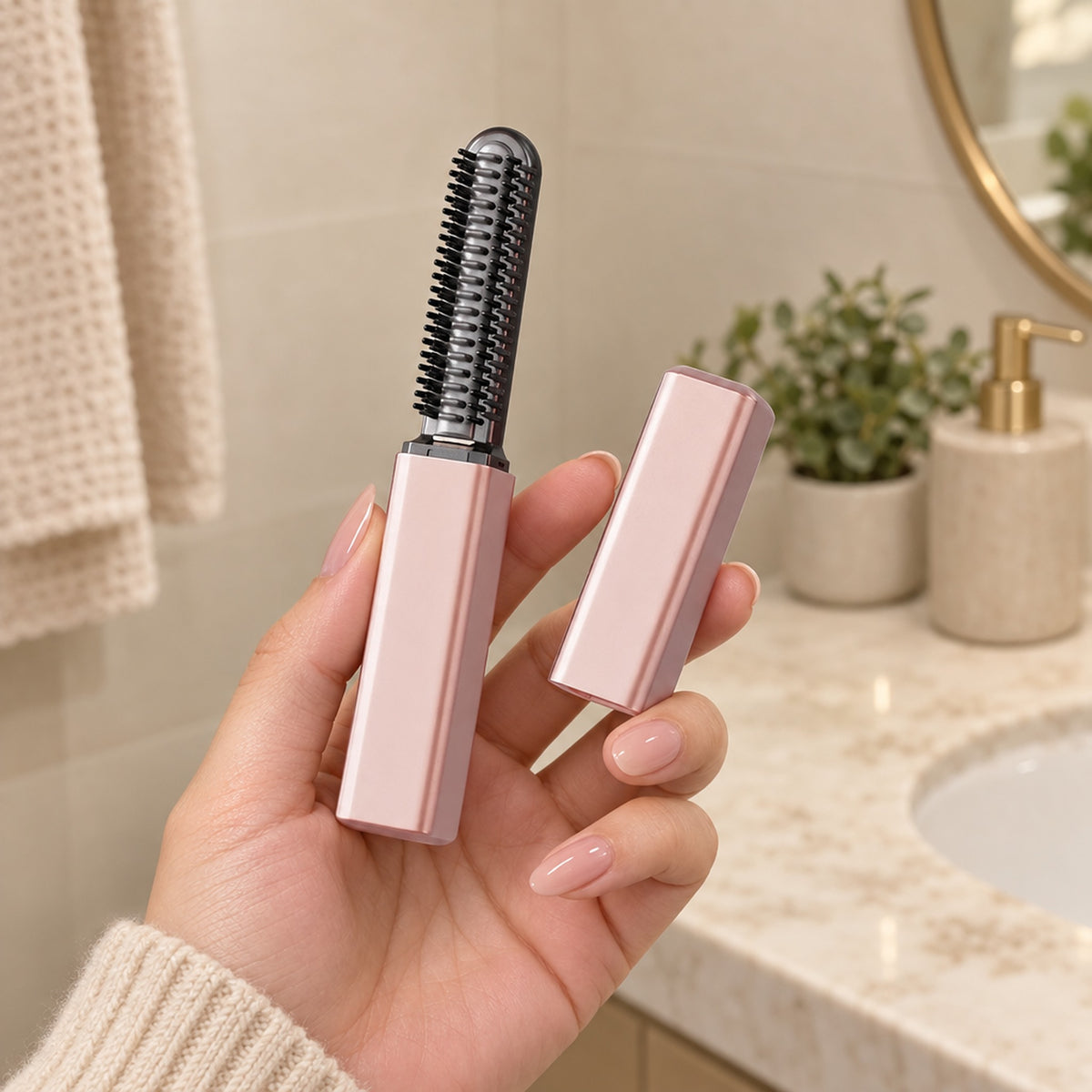 Hand som håller en liten rosa plattångskam i badrummet
