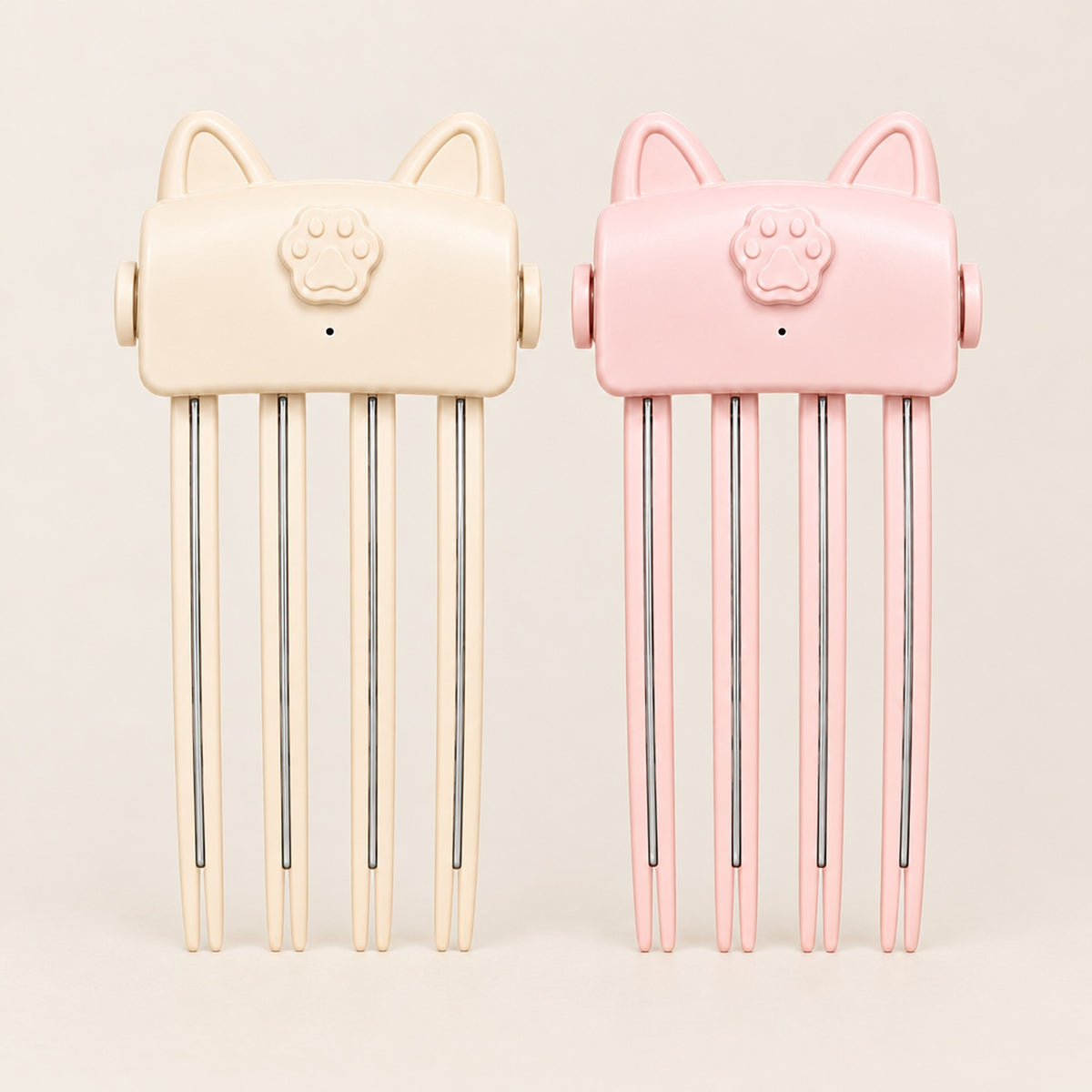 Volymklämma i beige och rosa sida vid sida